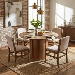 Christopher Knight Home Cashy 5 Piece Dining Table Set for 4, Wooden Dining Set with Pedestal Round Table and Upholstered Chairs, Modern Kitchen and Dining Room Furniture, Light Natural+Beige(Walnut+beige+natural)