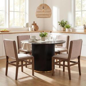 Christopher Knight Home Cashy 5 Piece Dining Table Set for 4, Wooden Dining Set with Pedestal Round Table and Upholstered Chairs, Modern Kitchen and Dining Room Furniture, Light Natural+Beige(Walnut+beige+black)