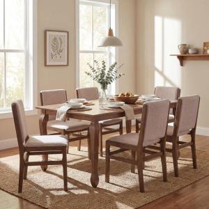Christopher Knight Home Dean Rubber Wood Dining Chairs Set of 6, Modern Upholstered Dining Chairs, Armless Kitchen Chairs, Dining Room Living Room Accent Chair for Extra Seat, Walnut+Beige(Walnut+beige)