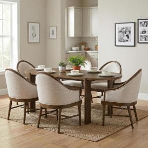 Christopher Knight Home Gernang Mid-Century Modern Dining Table Set for 4, Solid Wood Kitchen Table and Dining Chairs Set of 4, Rubberwood Dining Room Table Set for 4, Beige+Walnut(Dining Set for 6)
