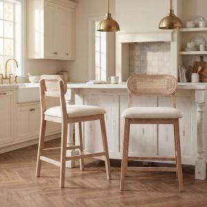 Christopher Knight Home Kaylin Modern Counter Height Bar Stools Set of 2, Upholstered Bar Stool for Kitchen Island, Rubberwood Dining Room Chair, Counter Stool with Footrest, Natural+Beige(Natural+beige/Rattan Back)