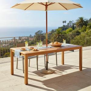 Christopher Knight Home Labrov 69”L Acacia Wood Outdoor Dining Table with Umbrella Hole, Sturdy Rectangular Patio Table for 6 People, Indoor and Outdoor Dining Room Table with Slatted Design, Teak