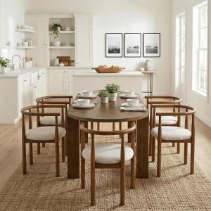 Christopher Knight Home Larkspur Mid-Century Modern Dining Table Set for 6, Solid Wood Kitchen Table and Dining Chairs Set of 6, Rubberwood Dining Room Table Set 6, Beige+Walnut