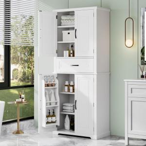 Christopher Knight Home Parlington Bathroom Cabinets with Multi-Functional Storage Space, Wood Frame, Stacking Structure, Drawer with Slide Rails, Adjustable Shelf, Doors with Three-Tier Racks, White(White)