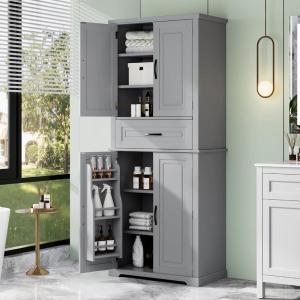 Christopher Knight Home Parlington Bathroom Cabinets with Multi-Functional Storage Space, Wood Frame, Stacking Structure, Drawer with Slide Rails, Adjustable Shelf, Doors with Three-Tier Racks, White(Grey)
