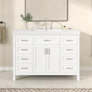 Christopher Knight Home Pineas 48″ Modern Bathroom Vanity with Resin Sink Combo Set, Wooden Bathroom Vanity Organizer with Drawers, Soft Closing Door Bathroom Storage Cabinet with Sink, White(White)