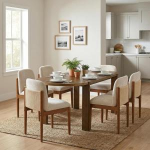 Christopher Knight Home Polly Modern Dining Table Set for 6, Solid Wood Kitchen Table and Dining Chairs Set of 6, Rubberwood Dining Room Table Set 6, Beige+Walnut