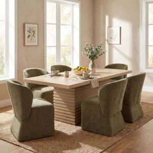 Christopher Knight Home Qiyana Modern Dining Table Set for 6, Comfy Upholstered Dining Chairs and Solid Wood Kitchen Table Set, Rectangular Dining Room Table Set for 6, Beige + Light Natural(Olive Green + Light Natural)