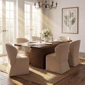 Christopher Knight Home Qiyana Modern Dining Table Set for 6, Comfy Upholstered Dining Chairs and Solid Wood Kitchen Table Set, Rectangular Dining Room Table Set for 6, Beige + Light Natural(Beige + Walnut)
