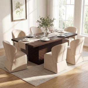 Christopher Knight Home Qiyana Modern Dining Table Set for 6, Comfy Upholstered Dining Chairs and Solid Wood Kitchen Table Set, Rectangular Dining Room Table Set for 6, Beige + Light Natural(Beige + Espresso)