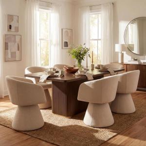 Christopher Knight Home Scout Modern Dining Table Set for 6, 180° Swivel Dining Chair and Table Set, Solid Wood Dining Room Table Set for 6, Beige+Natural(Oatmeal+walnut)