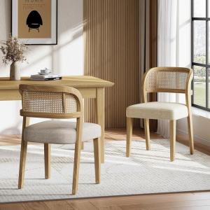 Christopher Knight Home Selwyn Dining Chairs Set of 2, Modern Dining Chair with Fabric Upholstery and Curved Back, Rubberwood Frame Kitchen Chairs with Cane Webbing, Accent Chairs, Beige+Natural(Beige+natural)