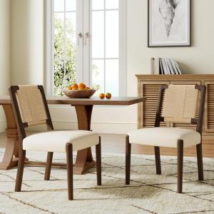 Christopher Knight Home Xinzi Comfy Upholstered Dining Chairs Set of 2, Rubberwood Kitchen Chairs with Woven Rope Backrest, Extra Seat for Dining Room, Armless Dining Chair, Beige + Natural Ash(Beige + Walnut)