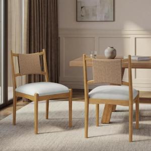 Christopher Knight Home Yudidi Mid Century Modern Dining Chairs Set of 2, Dining Room Chairs with Fabric Upholstery, Rubberwood Frame Kitchen Chairs with Paper Rope Backrest, Beige + Brown(Beige+light Brown+natural)