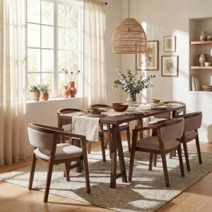 Christopher Knight Home Yunara Modern Dining Table Set for 6, Kitchen Table and Dining Chairs Set of 6, Solid Wood Dining Room Table Set for 6, Dark Beige+Walnut