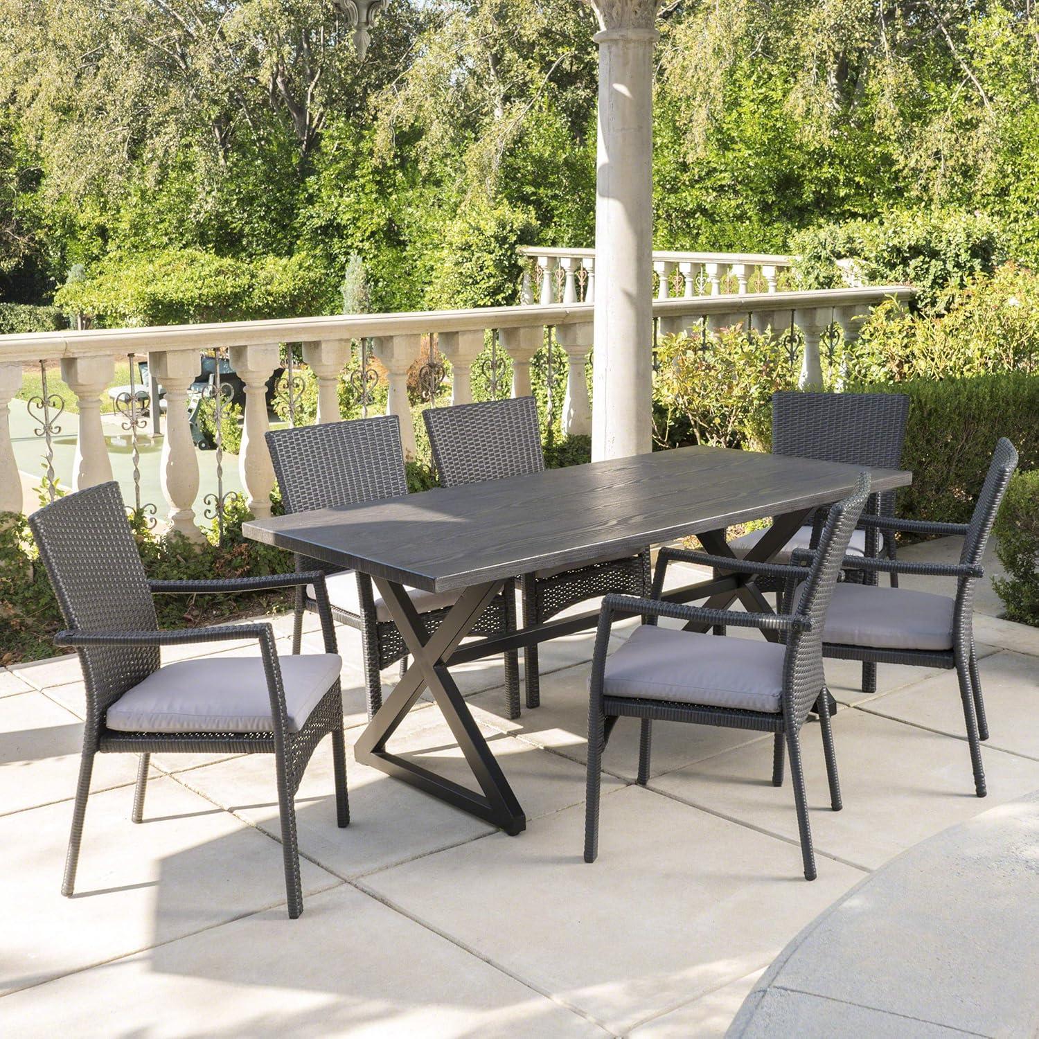 image:imageChristopher Knight Home Adella Outdoor Aluminum Dining Set with Water Resistant Cushions 7Pcs Set Grey Black