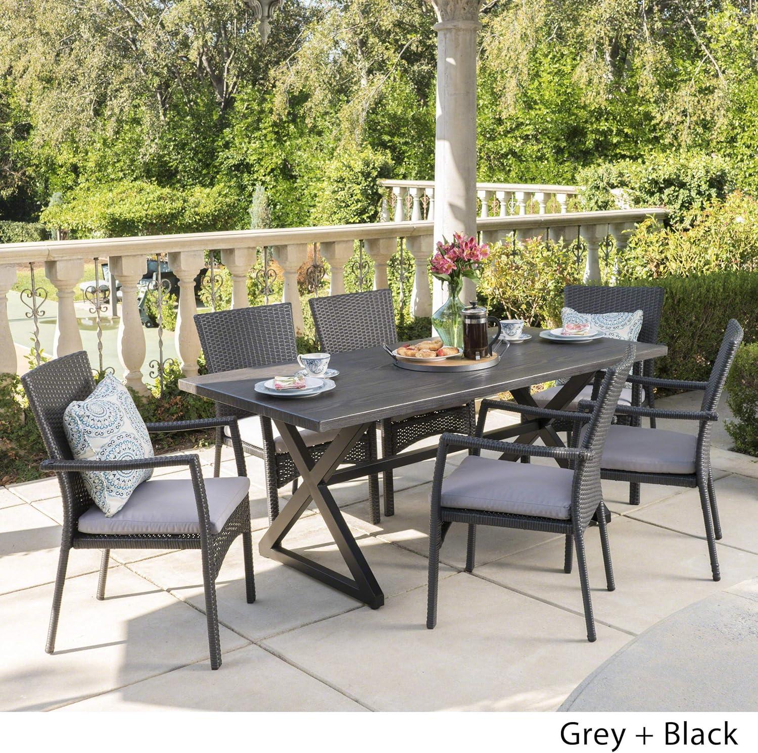 image:imageChristopher Knight Home Adella Outdoor Aluminum Dining Set with Water Resistant Cushions 7Pcs Set Grey Black