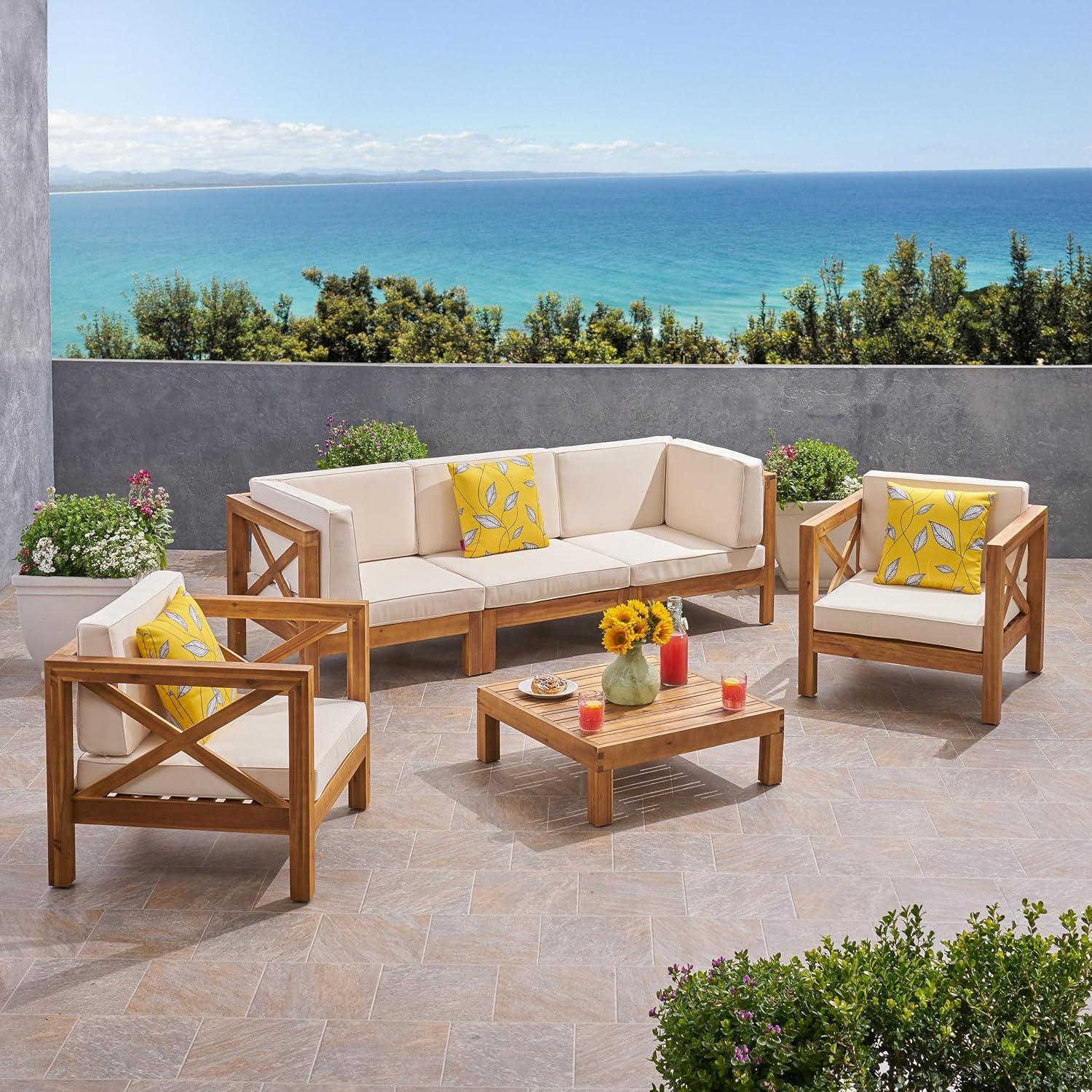 image:imageChristopher Knight Home Outdoor 5 Seater Acacia Wood Sofa Chat Set Teak Finish and Beige