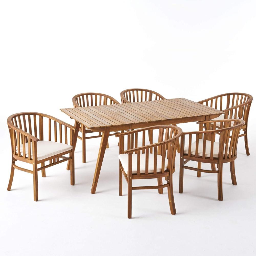 image:imageChristopher Knight Home Alondra Outdoor 6 Seater Acacia Wood Dining Set with Water Resistant Cushion Teak Finish and Cream