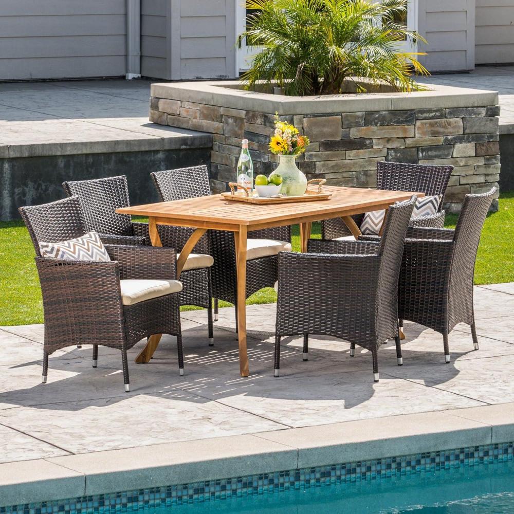 image:imageChristopher Knight Home Anthony Outdoor 7Piece Acacia WoodWicker Dining Set with Cushions Teak Finish in MultibrownBeige