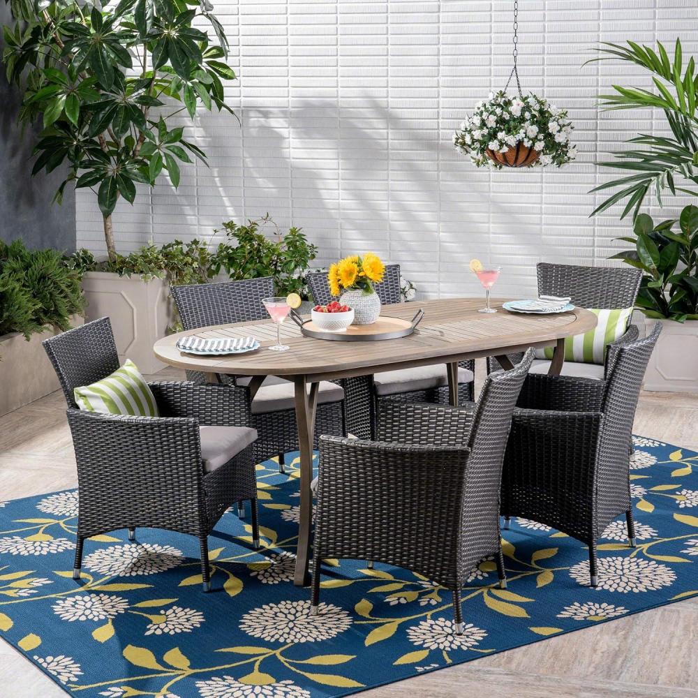 image:imageChristopher Knight Home Dahl Outdoor 7 Piece Wood and Wicker Dining Set Gray FinishGraySilver