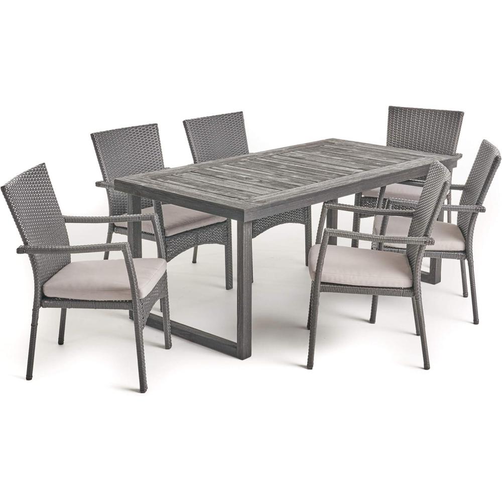 image:imageChristopher Knight Home Garner Outdoor 6Seater Acacia Wood Dining Set with Wicker Chairs 2225 W x 25 D x 35 H Sandblasted Dark Gray  Gray