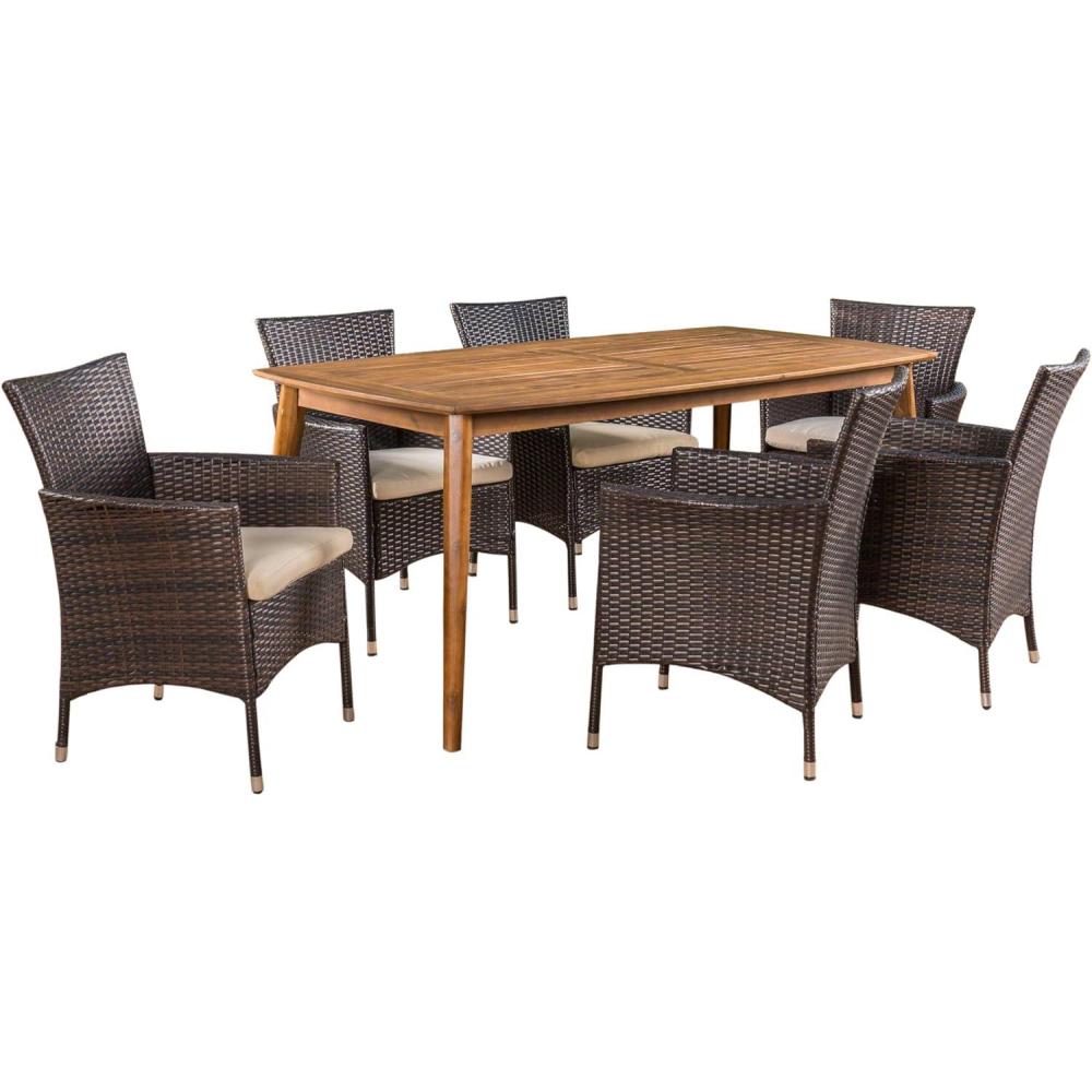 image:imageChristopher Knight Home Matthew Outdoor 7 Piece Multibrown Wicker Set with Teak Finish Rectangular Acacia Wood Dining Table and Beige Water Resistant Cushions