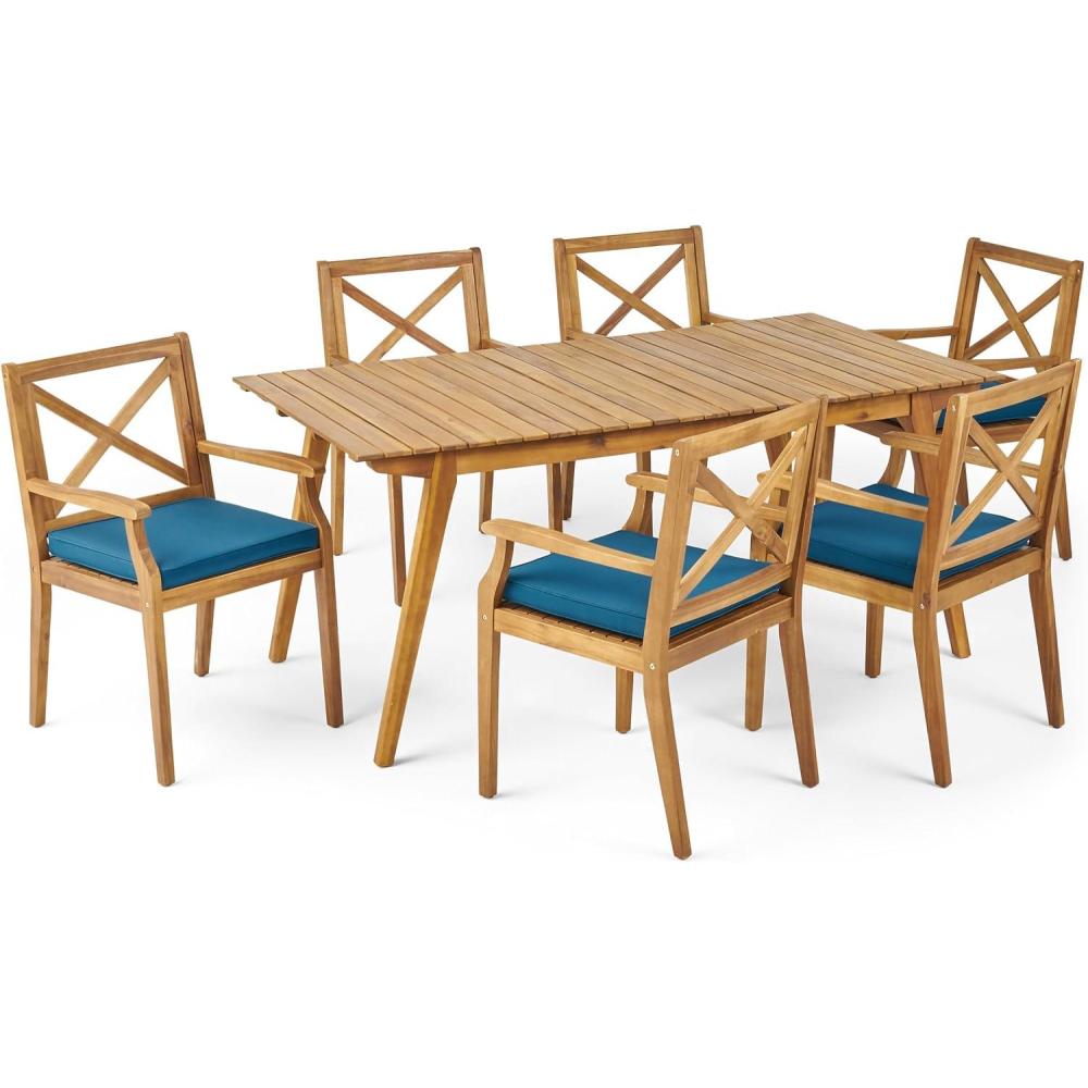 image:imageChristopher Knight Home Mesa Outdoor 6 Seater Acacia Wood Dining Set with Water Resistant Cushions 2125 W x 2325 D x 355 H Teak Blue