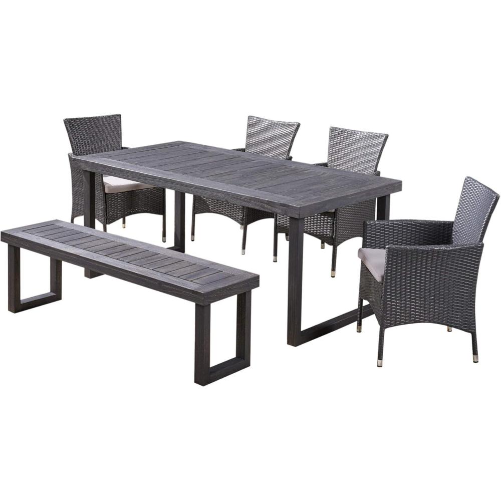 image:imageChristopher Knight Home Moralis Outdoor 6Seater Acacia Wood and Wicker Dining Set with Bench and Water Resistant Cushions 2325 W x 24 D x 33 H Sandblasted Dark Gray Gray Light Gray
