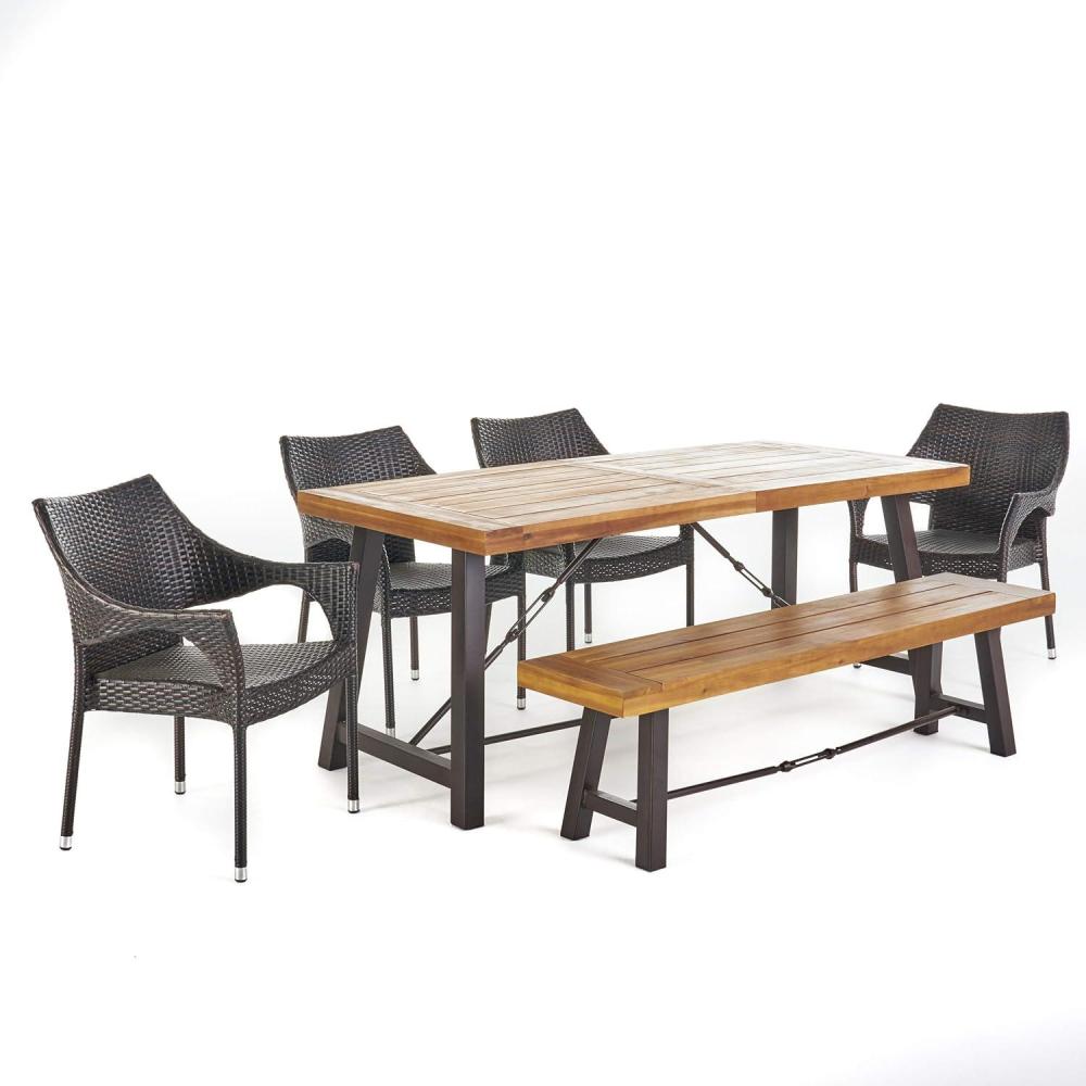 image:imageChristopher Knight Home Morley Outdoor Acacia Wood Dining Set with Wicker Stacking Chairs 6Pcs Set Teak Finish  Rustic Metal  Multibrown