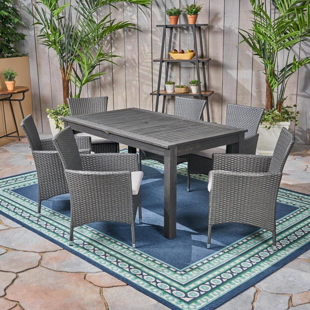image:imageChristopher Knight Home Nadia Outdoor 7 Piece Wood and Wicker Expandable Dining Set Sandblast Dark Gray and Silver