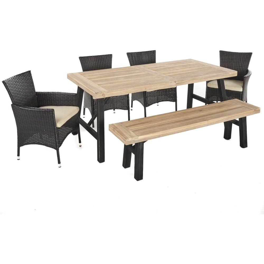 image:imageChristopher Knight Home Outdoor 6 Piece Brushed Grey Acacia Wood Dining Set with MultiBrown Wicker Chairs and Water Resistant Cushions