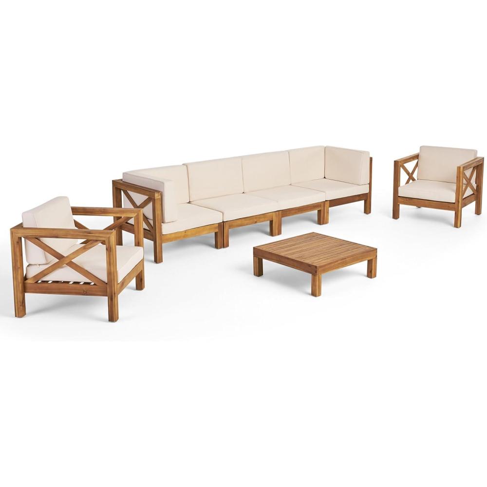image:imageChristopher Knight Home Outdoor 6 Seater Acacia Wood Sofa Chat Set Teak Finish and Beige