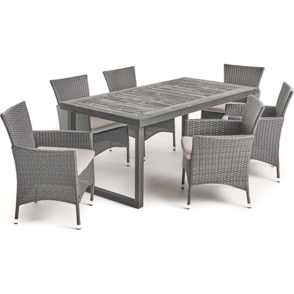 image:imageChristopher Knight Home Outdoor 6Seater Acacia Wood Dining Set with Wicker Chairs Sandblast Dark Gray