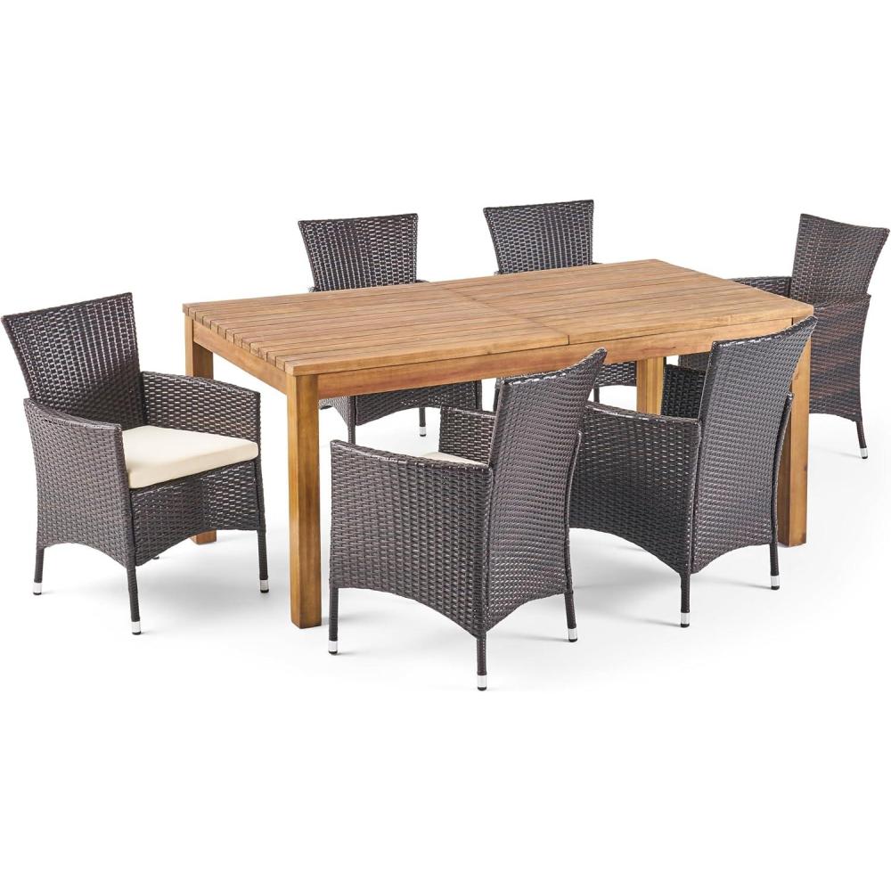 image:imageChristopher Knight Home Outdoor Acacia Wood 7 Piece MultiBrown Wicker Dining Set with Expandable Dining Table and Water Resistant Cushions
