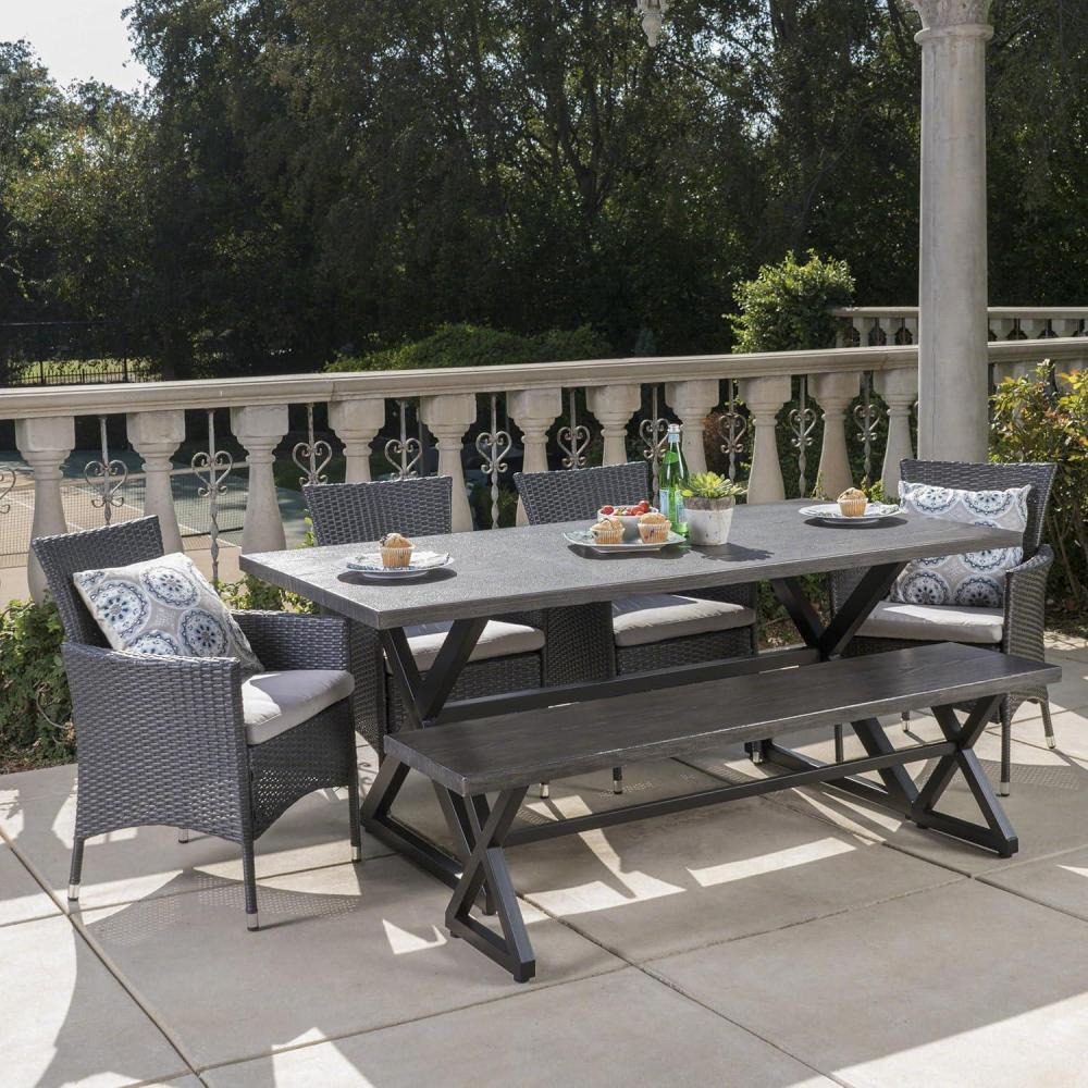 image:imageChristopher Knight Home Owenburg Outdoor Aluminum Dining Set with Bench and Wicker Dining Chairs 6Pcs Set Grey Black Silver