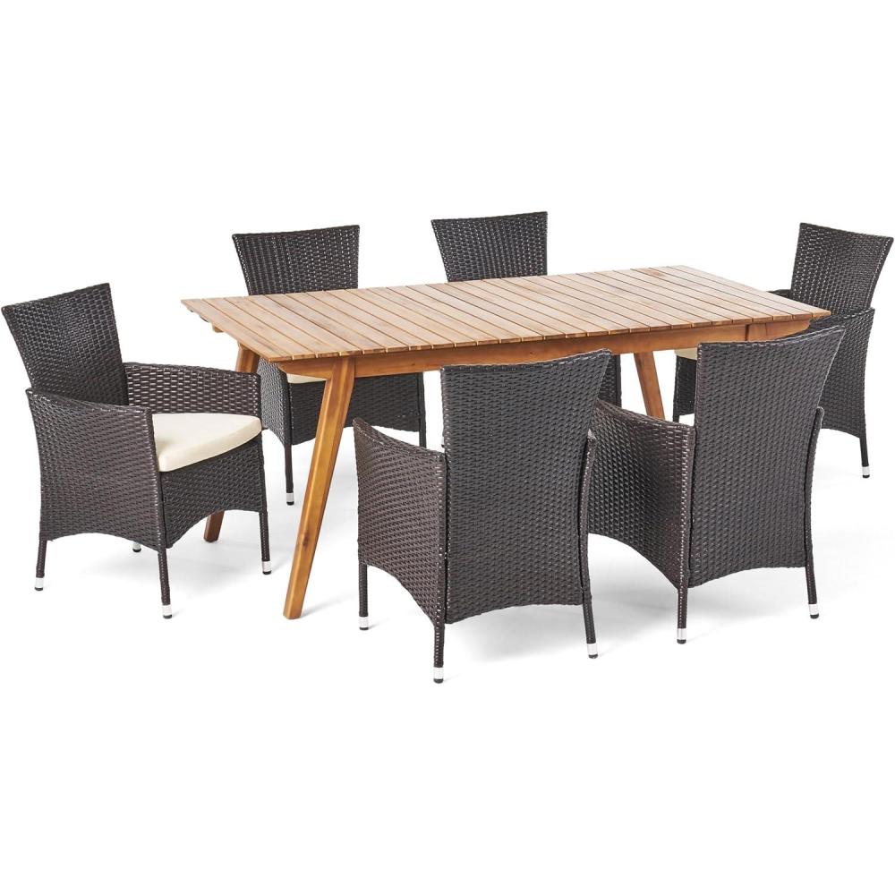 image:imageChristopher Knight Home Saba Outdoor 7 Piece Finished Acacia Wood Rectangular Set with Wicker Dining Chairs and Water Resistant Cushions 2325 W x 24 D x 33 H Teak Multibrown Beige