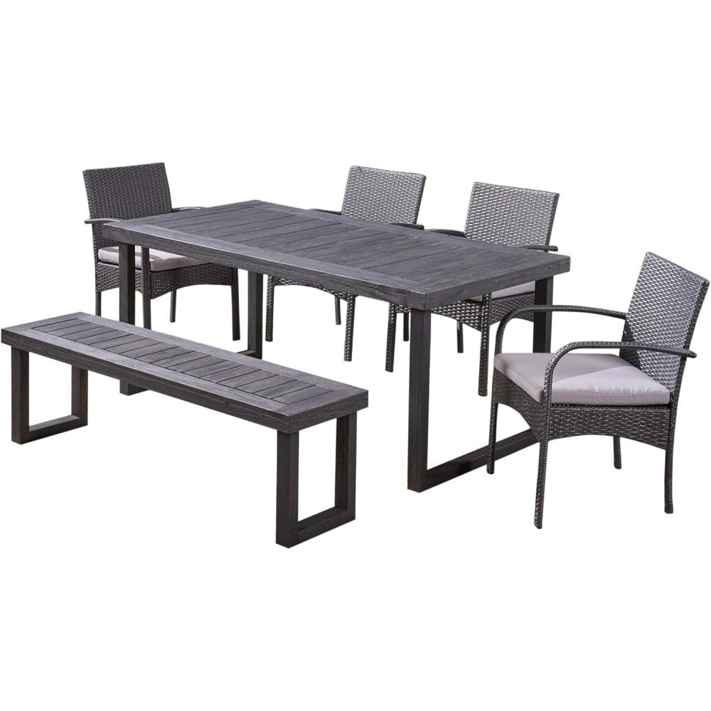 image:imageChristopher Knight Home Stillwater Outdoor 6Seater Aluminum Dining Set with Wicker Chairs and Bench Sandblast Dark Gray and Gray