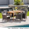 Christopher Knight Home Anthony | Outdoor 7-Piece Acacia Wood/Wicker Dining Set with Cushions | Teak Finish | in Multibrown/Beige