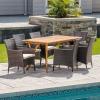 Christopher Knight Home Anthony | Outdoor 7-Piece Acacia Wood/Wicker Dining Set with Cushions | Teak Finish | in Multibrown/Beige