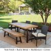 Christopher Knight Home Betsys Outdoor Acacia Wood Dining Set with Wicker Dining Chairs and Water Resistant Cushions, 6-Pcs Set, Teak Finish / Rustic Metal / Multibrown / Crème