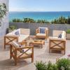 Christopher Knight Home Bravap Outdoor 8 Seater Acacia Wood Sofa and Club Chair Patio Chat Set, 88.50 “W x 30.25 “D x 26.5 “H, Teak + Beige