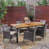 Christopher Knight Home Dane Outdoor 7 Piece Acacia Wood Dining Set with Wicker Chairs, 23.25 “W x 24 “D x 33 “H, Teak + Black + Multibrown + Beige
