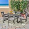 Christopher Knight Home Garner Outdoor 6-Seater Acacia Wood Dining Set with Wicker Chairs, 22.25 “W x 25 “D x 35 “H, Sandblasted Dark Gray + Gray