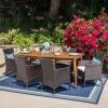 Christopher Knight Home Matthew Outdoor 7 Piece Multibrown Wicker Set with Teak Finish Rectangular Acacia Wood Dining Table and Beige Water Resistant Cushions