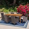 Christopher Knight Home Matthew Outdoor 7 Piece Multibrown Wicker Set with Teak Finish Rectangular Acacia Wood Dining Table and Beige Water Resistant Cushions