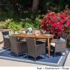 Christopher Knight Home Matthew Outdoor 7 Piece Multibrown Wicker Set with Teak Finish Rectangular Acacia Wood Dining Table and Beige Water Resistant Cushions