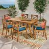 Christopher Knight Home Mesa Outdoor 6 Seater Acacia Wood Dining Set with Water Resistant Cushions, 21.25 “W x 23.25 “D x 35.5 “H, Teak + Blue