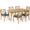 Christopher Knight Home Mesa Outdoor 6 Seater Acacia Wood Dining Set with Water Resistant Cushions, 21.25 “W x 23.25 “D x 35.5 “H, Teak + Blue