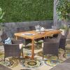 Christopher Knight Home Moralis Outdoor 6-Seater Acacia Wood Dining Set with Wicker Chairs, 23.25 “W x 24 “D x 33 “H, Sandblasted Natural Brown + Multibrown + Beige